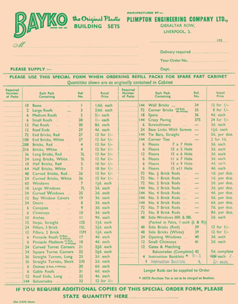 Special form used by retailers to top up their stock of BAYKO spare parts between 1952 and 1955